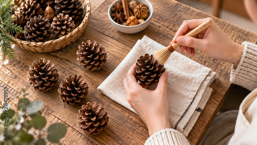 Handmade Craft Preparation with Pine Cones for Natural Christmas Decoration