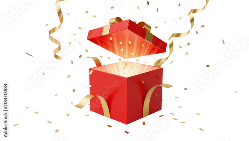 Bild auf Leinwand Bright red gift box with golden ribbon bursting with light and confetti, isolate