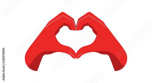 Two red hands forming a heart shape, symbolizing love and affection on a white background.