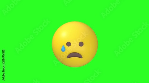 3D animated yellow emoji with sad depressed face and sweat drop isolated on green screen background