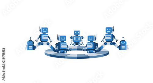 Team of Small Blue Robots on Circular Platform Concept Illustration