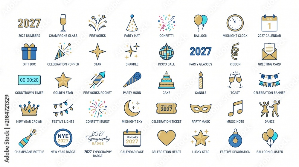 Naklejka premium New Year 2027 celebration icon set with festive holiday party symbols and design elements