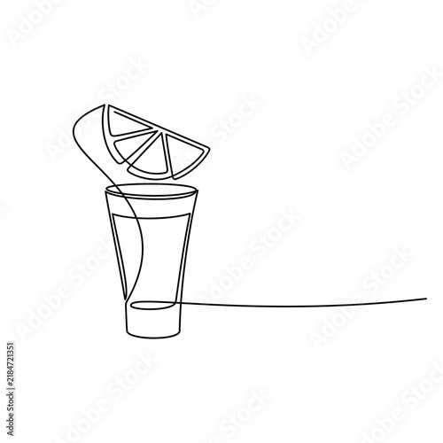 Shot of vodka with lemon slice. Jin line continuous drawing. Bourbon drink vector illustration. Whiskey glass, bar print, linear silhouette. Minimal pub wall art poster, banner, card.