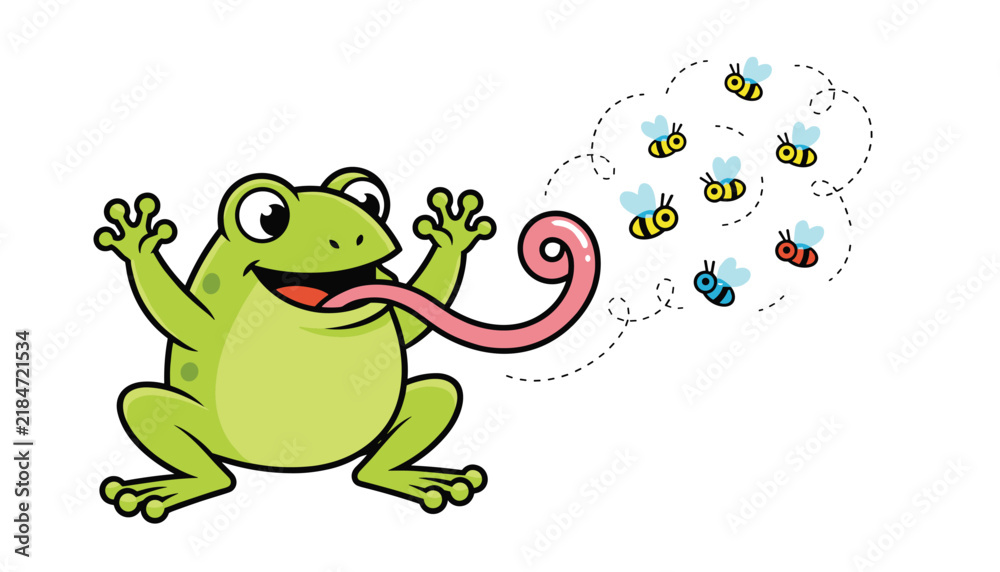Obraz premium Cute cartoon frog uses its incredibly long sticky tongue to catch a swarm of flying bees in a simple design.