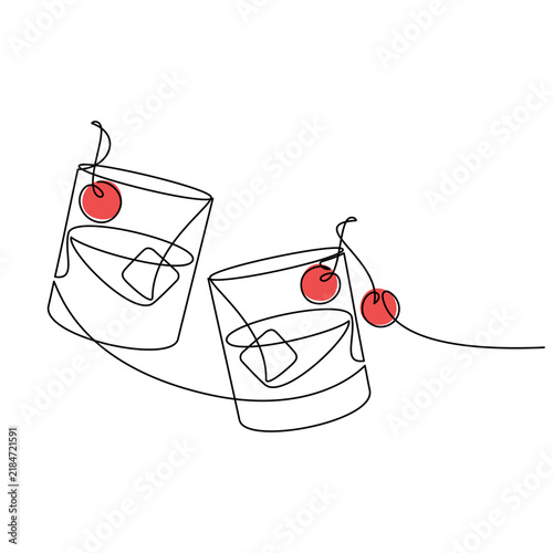 Two drinks on the rocks vector illustration. Whiskey glass with ice. Brandy line continuous drawing. Bourbon cherry cocktail. Minimal design, cherrs print, banner, card, bar wall art poster.