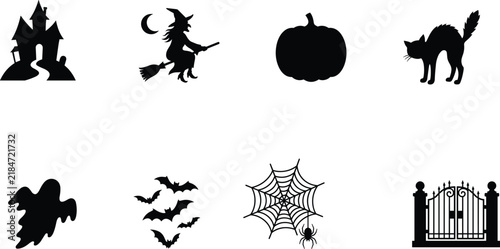 Halloween Icon Set Haunted House Flying Witch Pumpkin Black Cat Ghost Web Gate Vector Silhouette