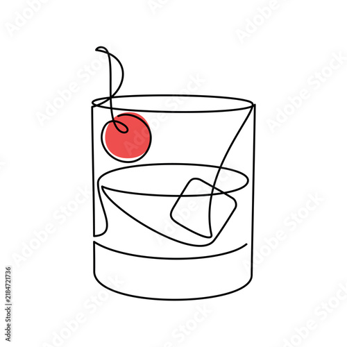Cherry cocktail vector. Hand drawn whiskey glass with ice. Brandy line continuous drawing. Bourbon drink on the rocks illustration. Minimal design, pub print, banner, bar card, wall art poster.