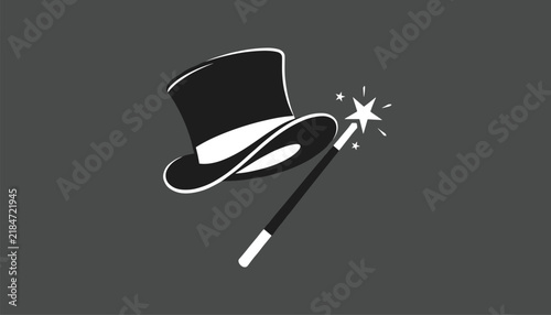 Magic top hat and sparkling star magic wand icon illustration in simple monochrome style on a dark grey background.
