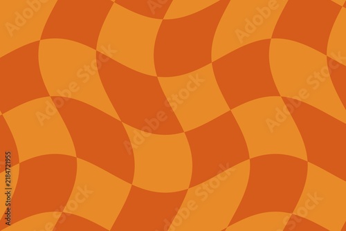 Groovy retro warped checkerboard background, classic orange 70s psychedelic wavy abstract wallpaper with copy space