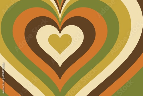 Groovy retro nested heart background, avocado 70s psychedelic wavy abstract wallpaper with copy space