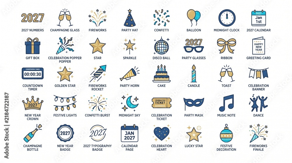 Naklejka premium New Year Celebration Icon Set Featuring Festive Party Elements and Holiday Symbols