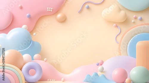 Abstract background with soft pastel shapes and 3d rendered elements for a cute creative design template