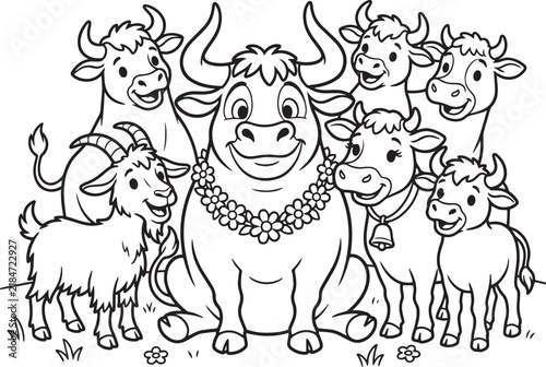Cute farm animals coloring page for kids with a bull and friends in a cartoon style.