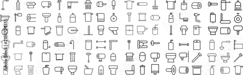 A collection of flat line icons representing various bathroom and household cleaning supplies, organized in a grid.
