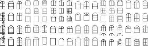 A collection of diverse architectural window designs, including arched and rectangular styles, presented as clean line art icons on a white backdrop.