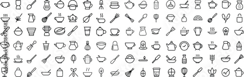 A collection of simple, clean line art icons depicting various kitchenware and cooking utensils, perfect for culinary graphics and design projects.
