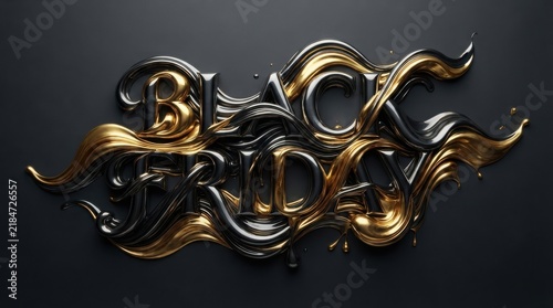 Liquid gold and black chrome black friday lettering flowing on a dark background with typography