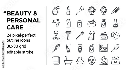 Set of 24 beauty and personal care line icons vector illustration for cosmetics and hygiene