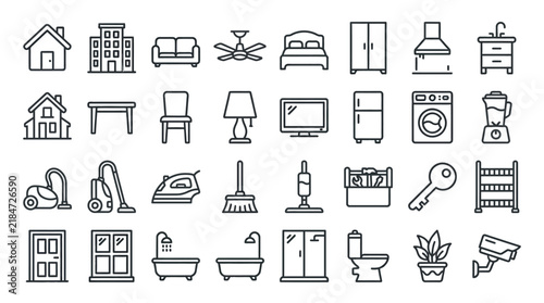 Collection of Line Art Home Furniture and Household Appliance Icons for Interior Design and Property Management Projects