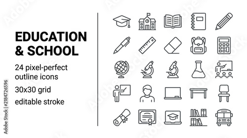 Set of linear education and school outline icons for learning, academic research, and classroom teaching projects