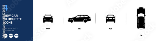 Car Silhouette Icons, Automotive Design Elements, Vehicle View Illustrations Featuring Front, Side