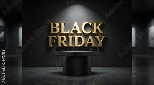 Golden black friday text on a pedestal in a dark minimalist gallery setting with three dimensional