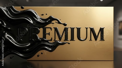 Premium black liquid splash emerging from a golden rectangular panel in a studio with abstract
