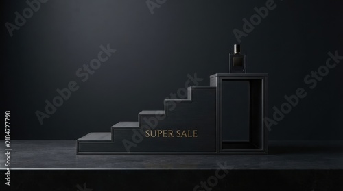 Black fragrance bottle placed on a stepped display podium in a dark studio setting with fragrance