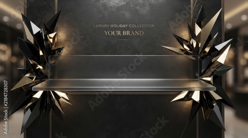 Elegant empty glass shelf display stage with sharp decorative black and gold crystal elements on sides