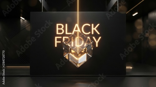 Black friday promotional sign with glowing golden text and abstract geometric background marketing promotion
