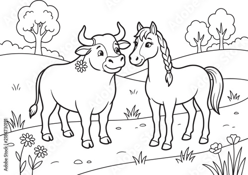 Cute Bull and Horse Coloring Page for Kids with Farm Landscape Background