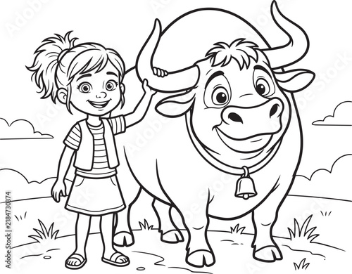 Little girl petting a friendly bull, cartoon line art coloring page for children.