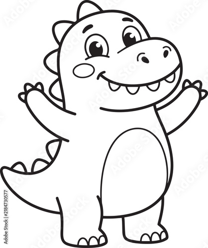 Cute cartoon dinosaur coloring page for kids with simple outlines and happy character.