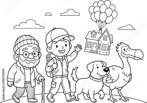 Coloring page for kids featuring an elderly man, a boy, a dog, and a bird with a flying house.