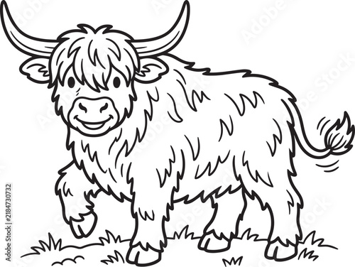 Cute Highland Cow Coloring Page for Kids, Simple Line Art Illustration of Farm Animal
