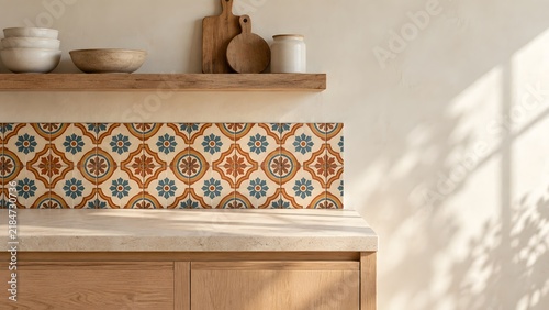 Kitchen backsplash with decorative tiles and wooden cabinets