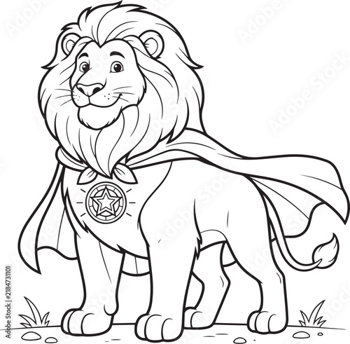 Cute Superhero Lion Coloring Page for Kids, Cartoon Animal Line Art Illustration