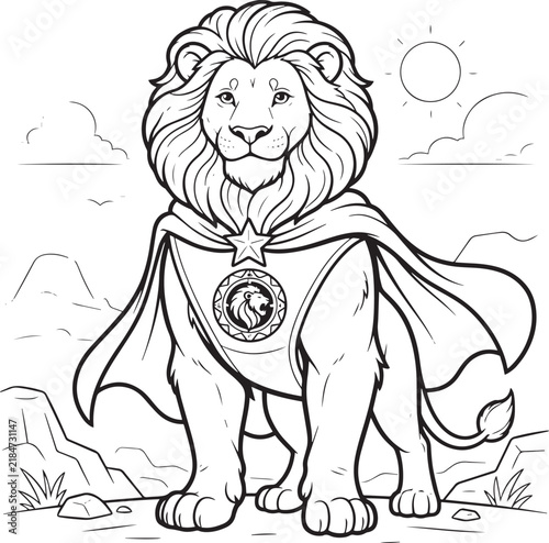 Superhero Lion Coloring Page for Kids, Cute Animal Character Line Art Illustration
