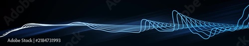 abstract blue wave form sound visualizer, flowing dynamically through dark space, representing sound wave, music, technology, science.