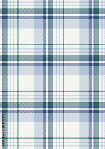 Seamless white tartan plaid pattern vector background with blue and teal lines, traditional fabric texture for fashion apparel, blankets, and holiday winter decor