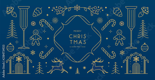 Modern Christmas poster, banner or  holiday greeting card with candles, champagne, Christmas tree and baubles on blue background. Line art vector illustration