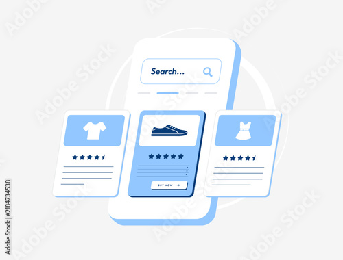 Shopping tab listings with product results, prices and seller information. Online shopping search for comparing products, offers, sellers and retail choices in digital commerce, vector illustration.