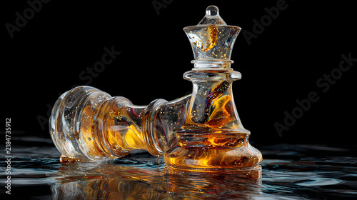 Glass chess pieces including one standing queen and one fallen rook lying on a wet surface.