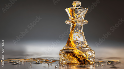 Glass chess queen standing vertically on a reflective metallic surface with liquid flowing inside.