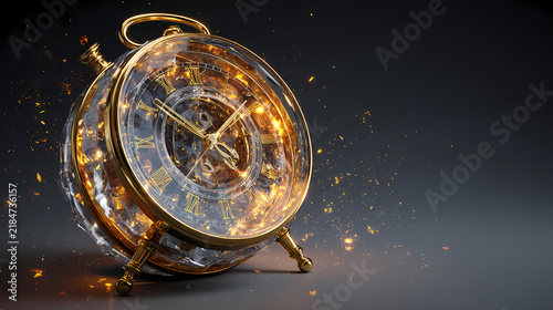 Alarm clock crafted from transparent glass and polished gold sits angled against a dark background with floating golden sparks.