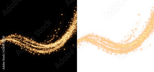 фотографія Flowing golden sparkle trail with shimmering particles, radiant glitter dust and smooth luminous curves, on black and white background, PNG
