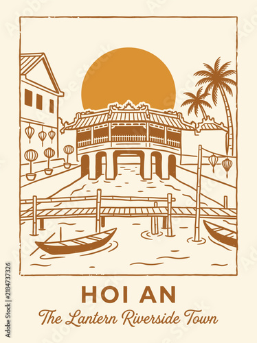 Vintage Line Art Travel Poster of Hoi An Vietnam for Global Tourism and Culture