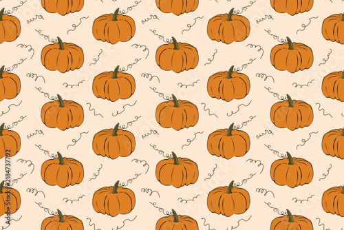 Seamless pumpkin pattern. Orange pumpkins with green stems and whimsical curly tendrils on a warm cream background. For autumn surface design, cozy fall textiles and kitchen decor.