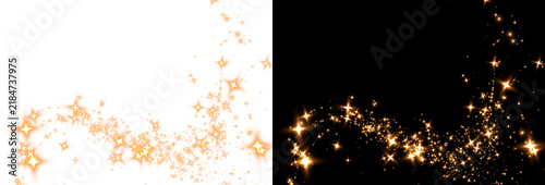 Bright golden star trail with shimmering dots and luminous particles, creating a graceful curved stream on black and white backgrounds, transparent PNG light element.