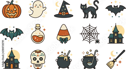 Collection of festive halloween icons featuring spooky characters and traditional holiday symbols for seasonal graphic design projects